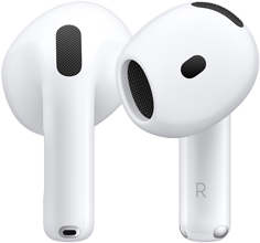 Die Rückseite des linken AirPod, die Vorderseite des rechten AirPod, auf dem Ende des AirPod kennzeichnet der Buchstabe R, dass er in das rechte Ohr gehört